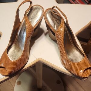 Vince Camuto Tan Peep-Toe Slingback Heels 4" Heel
